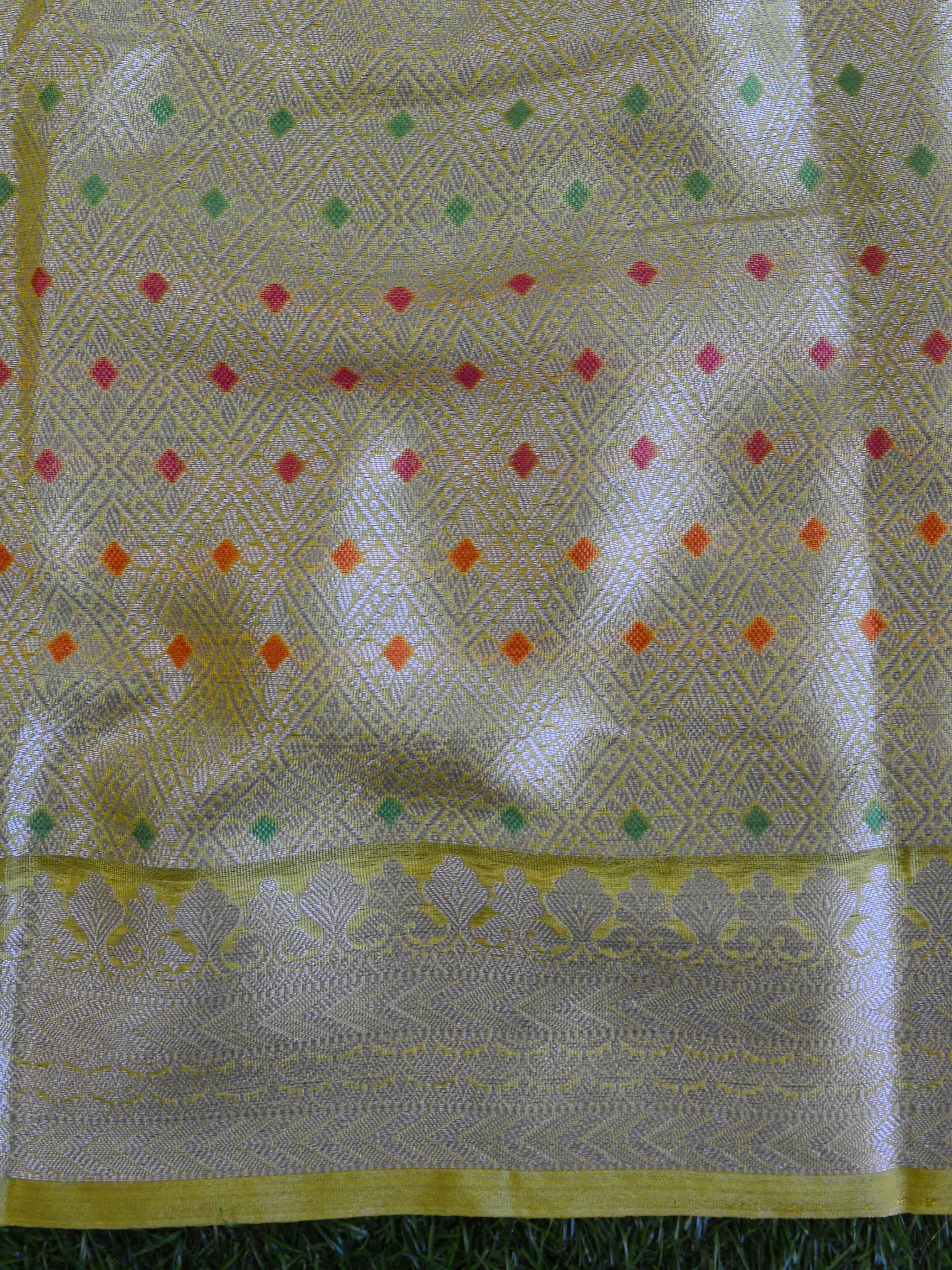 Handwoven Semi Silk Saree With Jaal Design & Silver Zari Border-Yellow