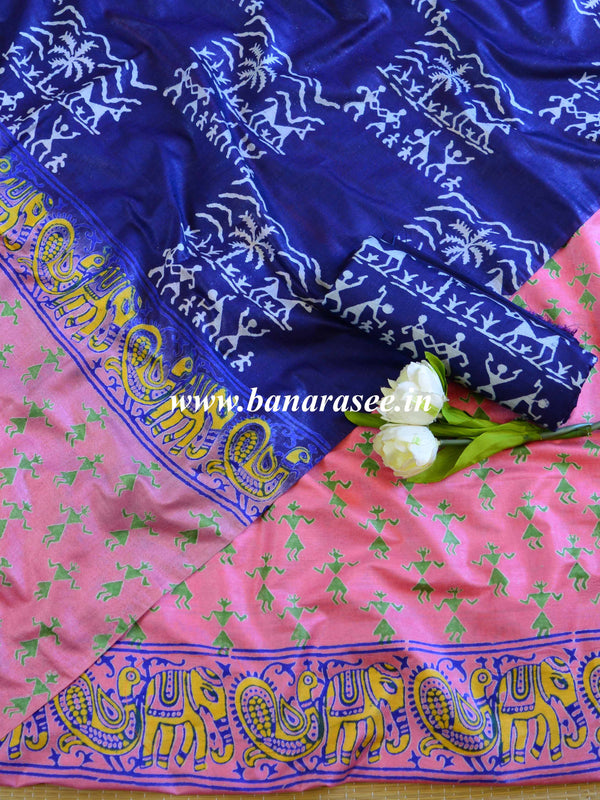 Bhagalpuri Salwar Kameez Glossy Cotton Silk Hand-Block Printed Fabric-Pink & Blue