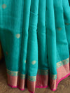 Banarasee Handwoven Pure Muga Silk Sari Buti With Floral Border & Pallu-Green
