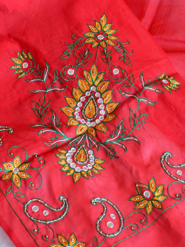 Banarasee Chanderi Cotton Hand-Embroidered Saree-Red