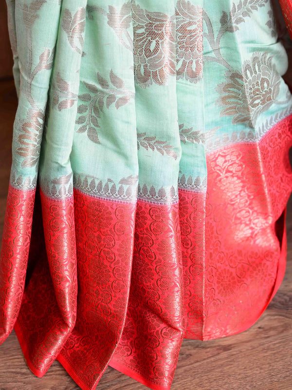 Banarasee Handwove Silk Cotton Saree With Antique Zari Buta & Border-Green