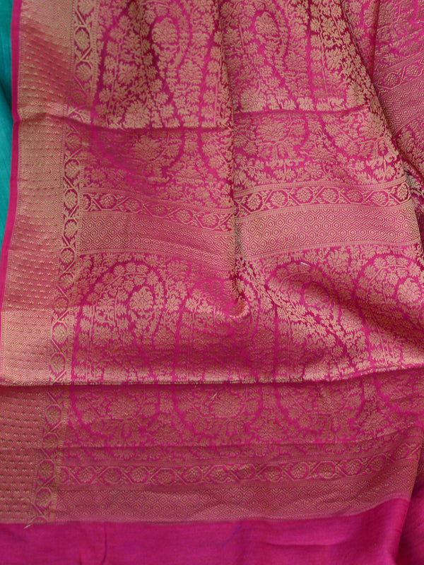 Banarasee Handwoven Pure Muga Silk Sari Buti With Floral Border & Pallu-Green