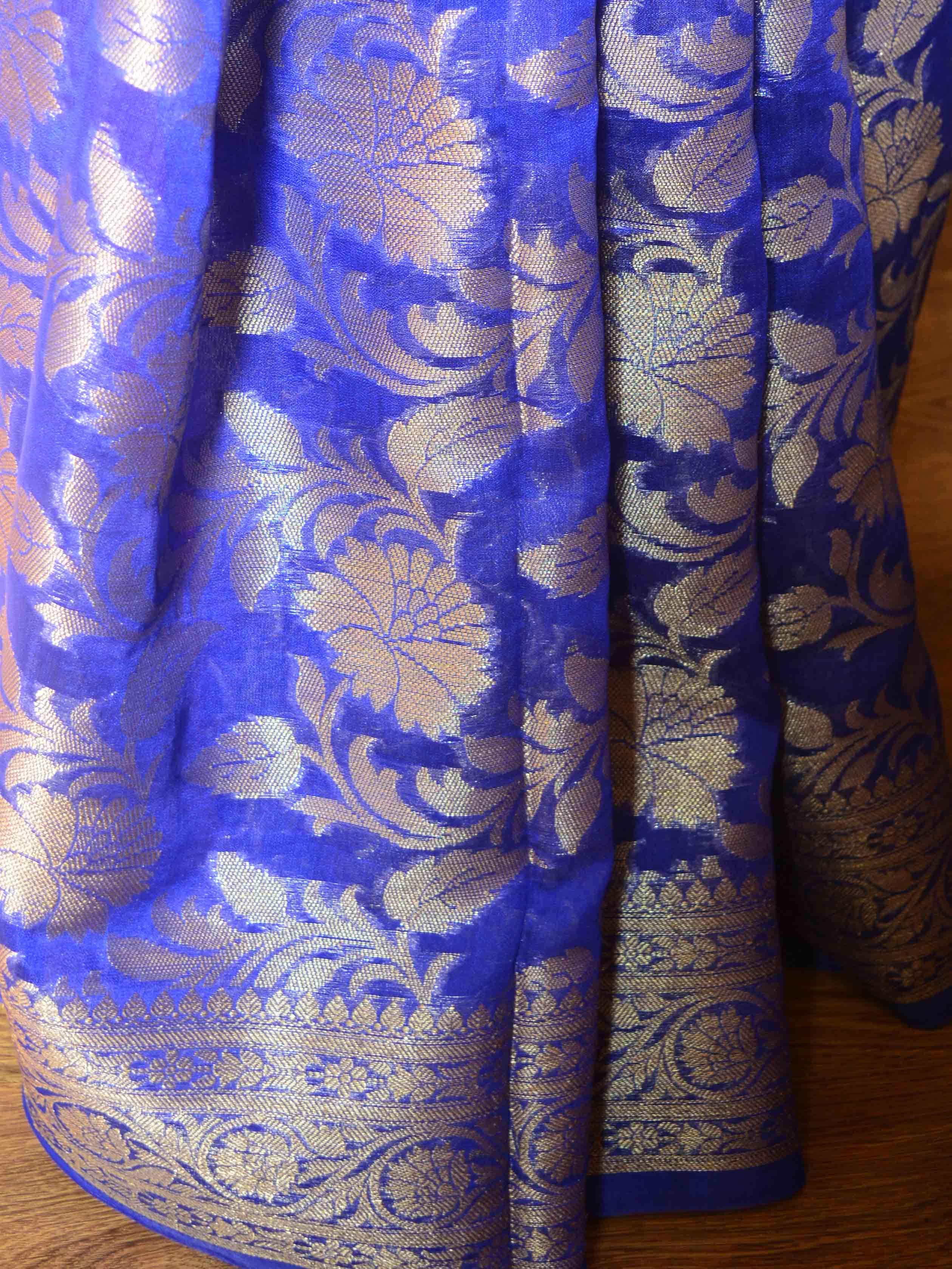 Banarasee Handwoven Semi-Chiffon Saree With Zari Floral Jaal Design-Blue