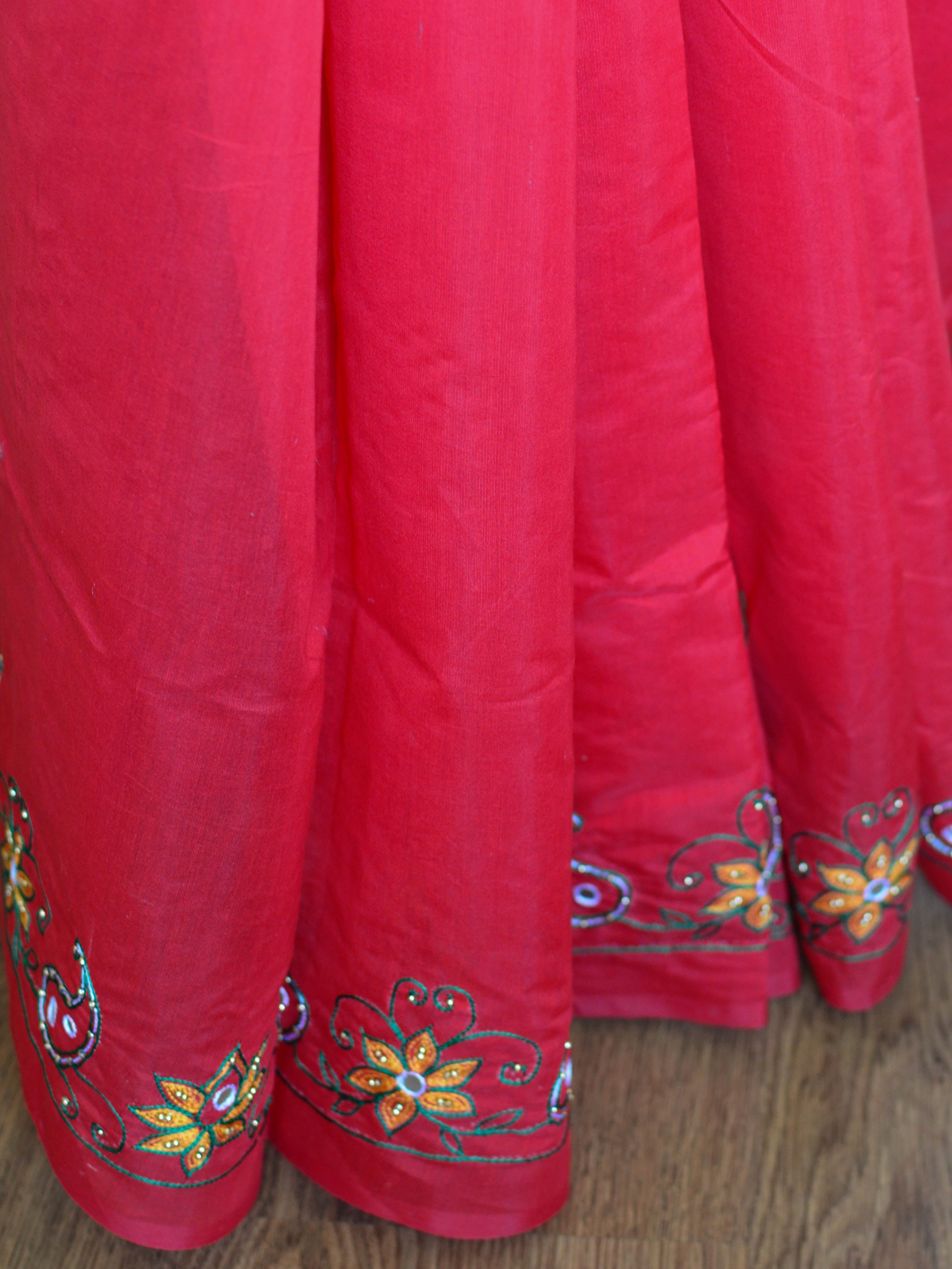 Banarasee Chanderi Cotton Hand-Embroidered Saree-Red