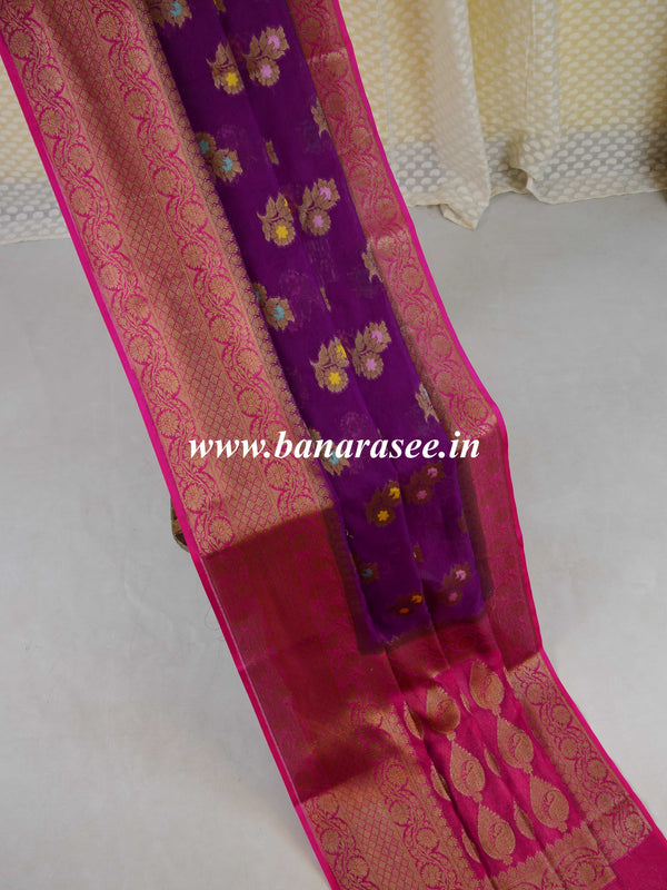 Banarasee Handwoven Semi Silk Saree With Antique Zari Buta Design-Purple & Pink