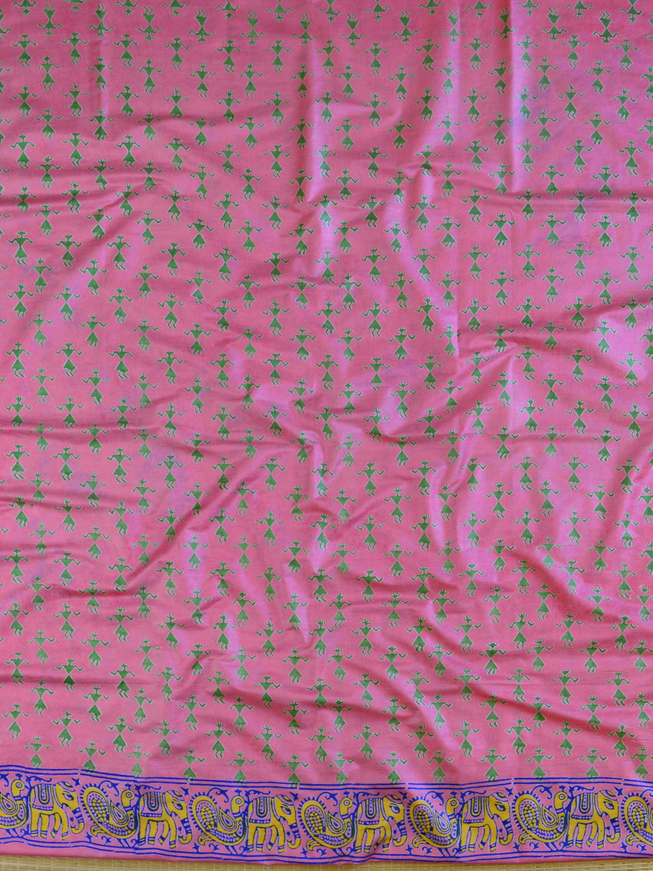 Bhagalpuri Salwar Kameez Glossy Cotton Silk Hand-Block Printed Fabric-Pink & Blue