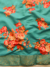Banarasee Chiffon Blend Saree With Zari Border & Digital Print Blouse-Sea Green