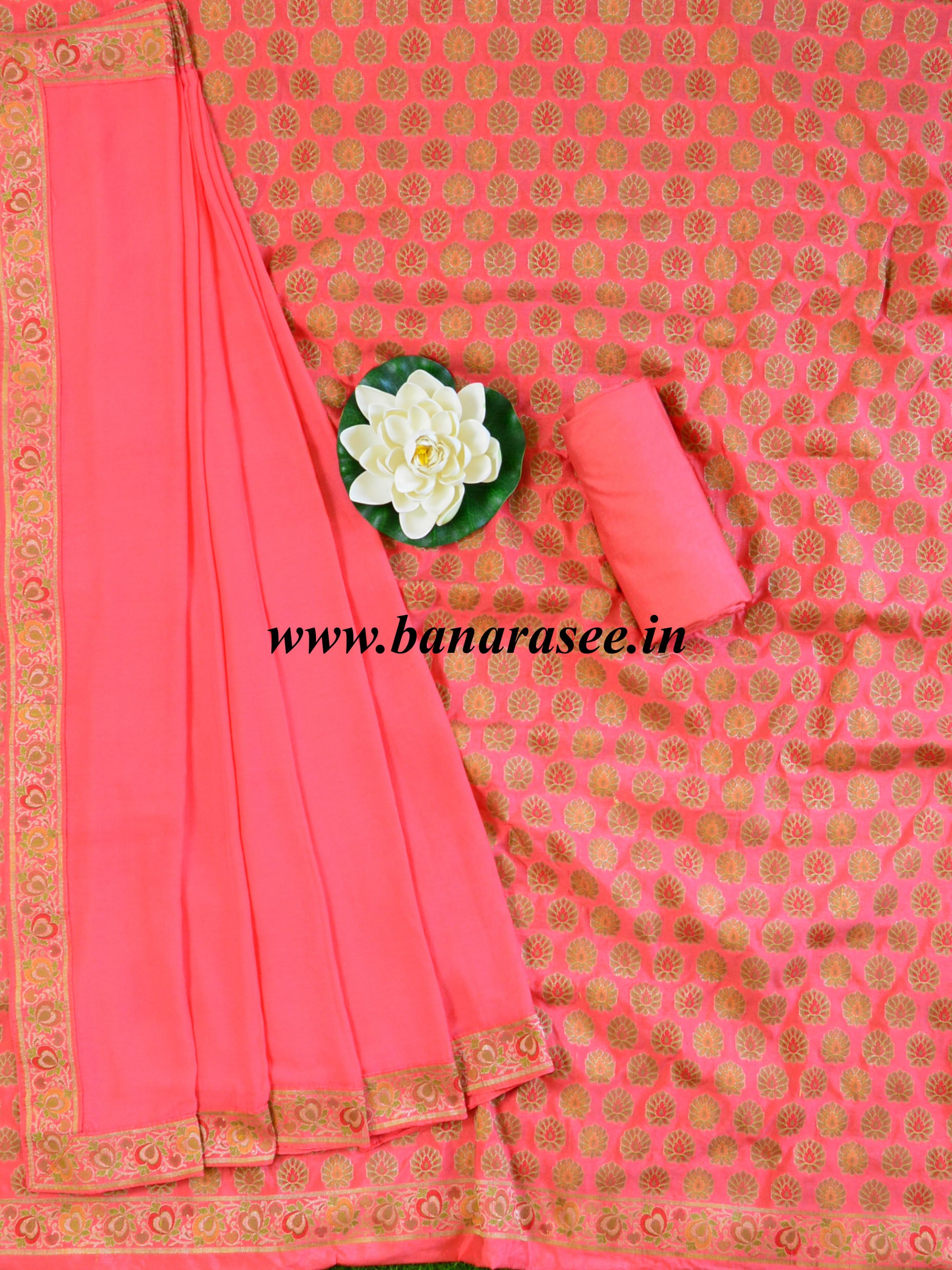 Banarasee Semi-Silk Salwar Kameez Fabric With Meena Buti-Peach