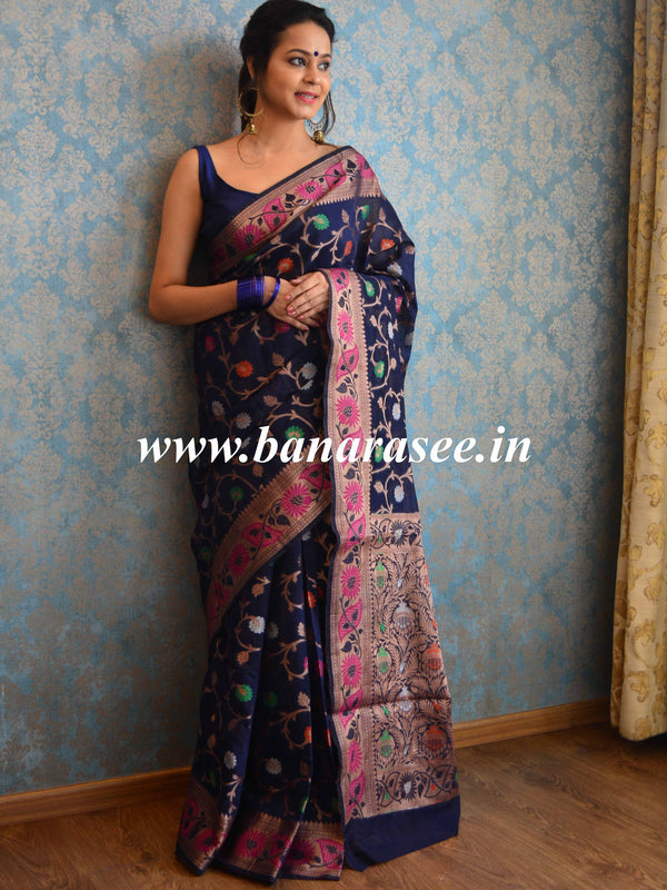 Banarasee Handwoven Semi Silk Saree With Resham Floral Jaal & Zari Floral Border-Deep Blue
