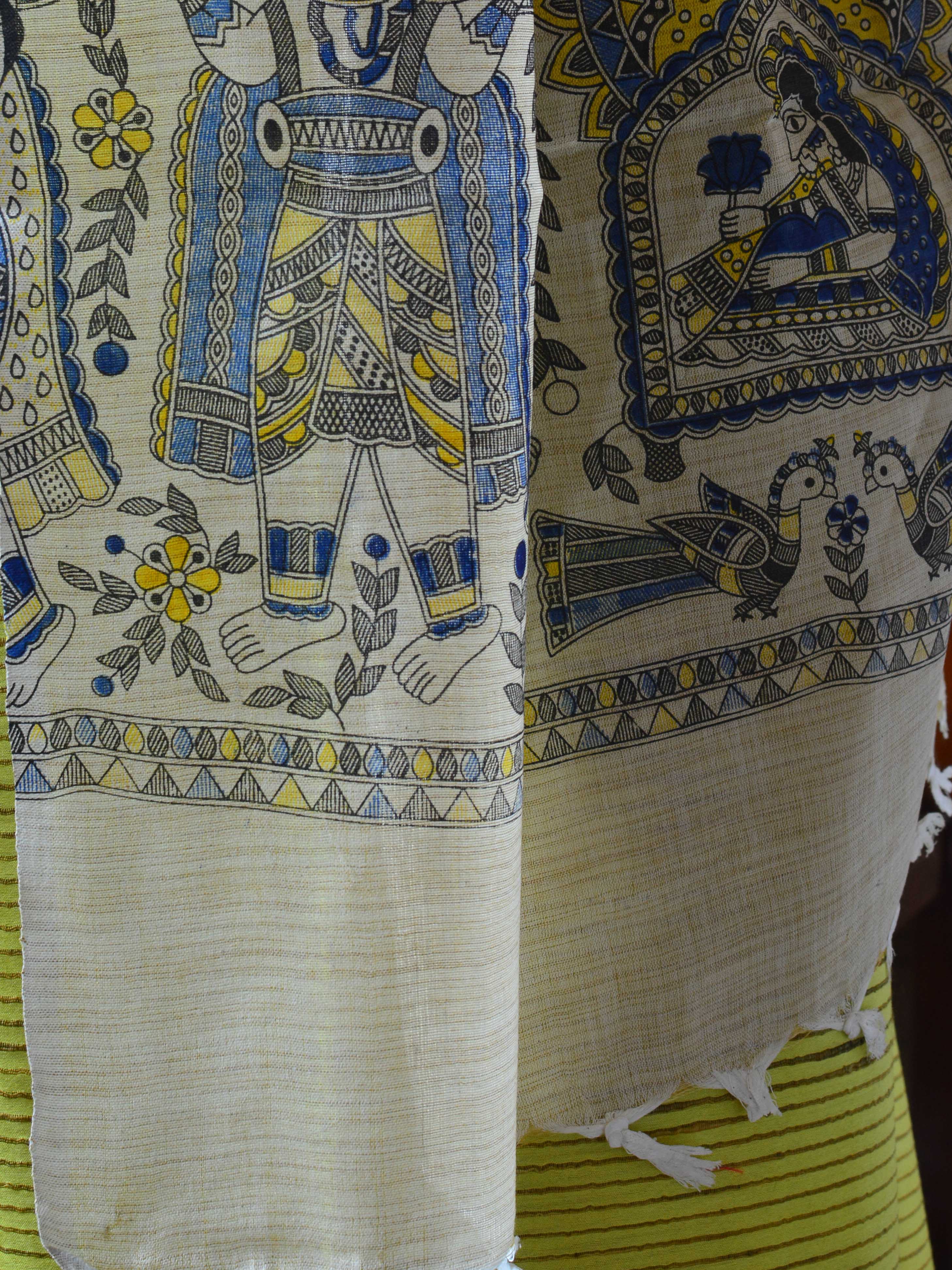 Handloom Khadi Cotton Salwar Kameez With Madhubani Print Dupatta-Beige & Yellow