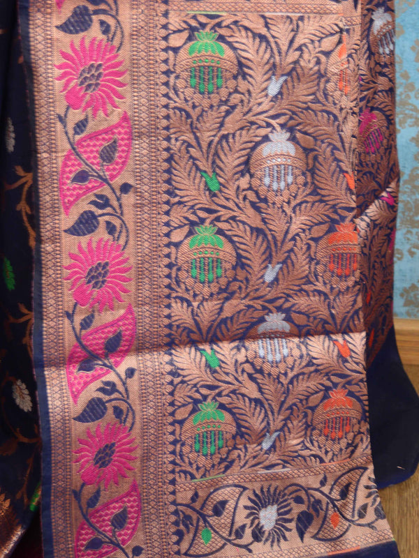 Banarasee Handwoven Semi Silk Saree With Resham Floral Jaal & Zari Floral Border-Deep Blue