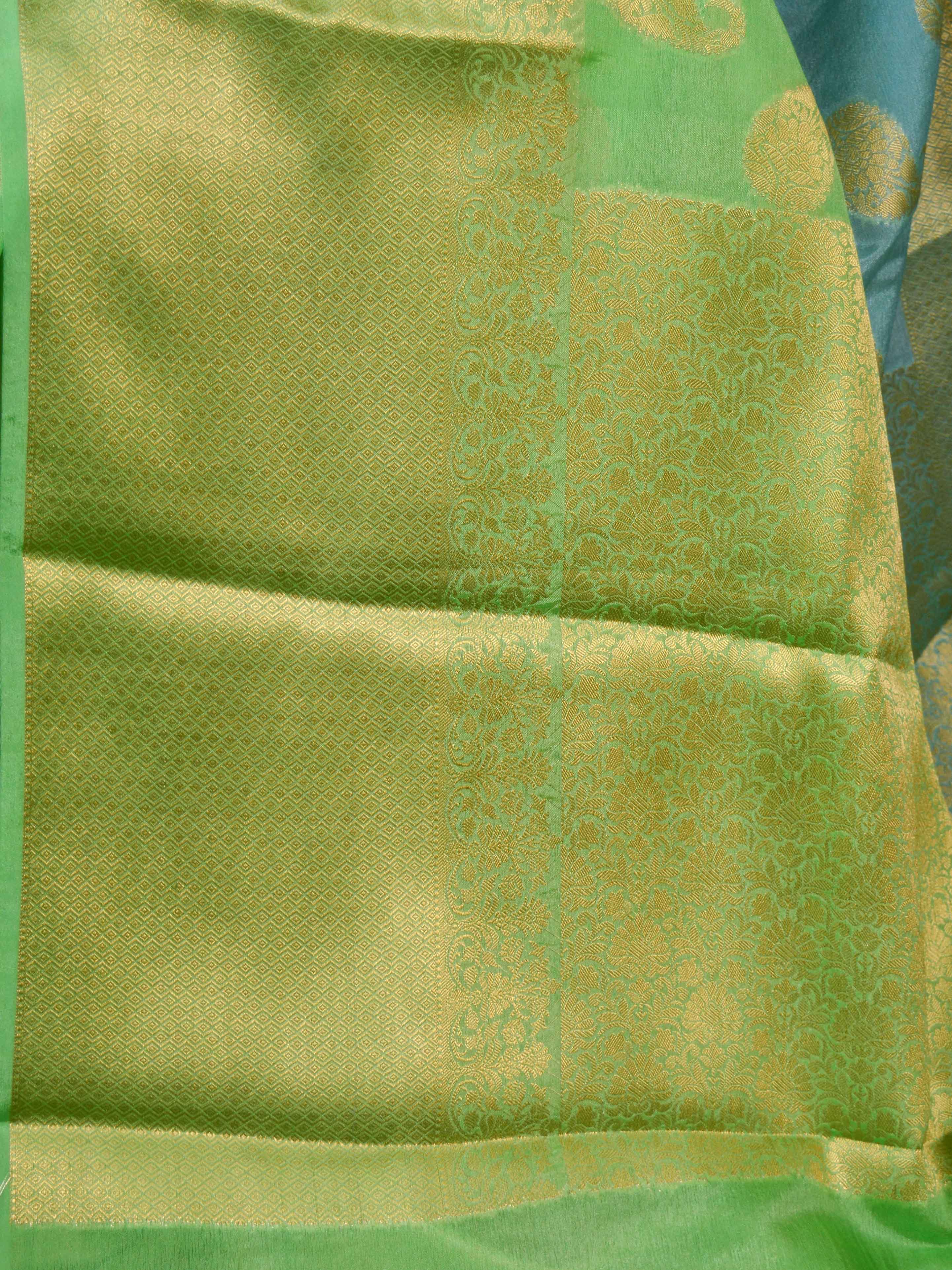Banarasee Semi Silk Dual Shade Saree With Paisley Buti & Floral Pallu Design-Blue & Green