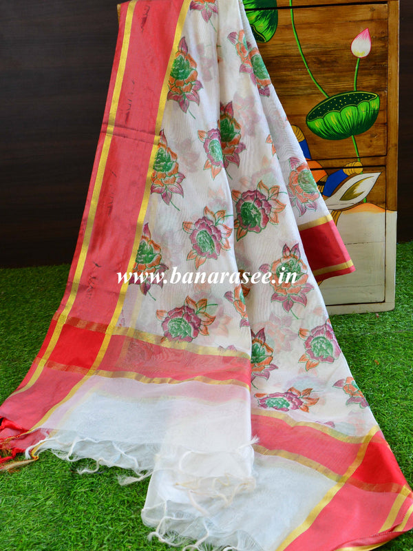 Banarasee Chanderi Cotton Dupatta With Hand-Block Printed Floral Design-White