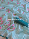 Banarasee Handloom Pure Linen Saree With Embroidery Work-Sea Green
