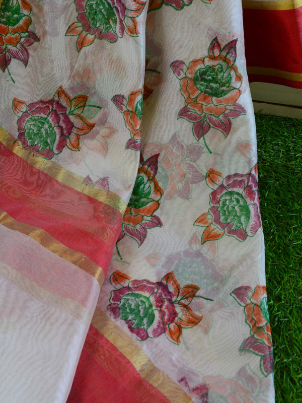 Banarasee Chanderi Cotton Dupatta With Hand-Block Printed Floral Design-White