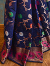 Banarasee Handwoven Semi Silk Saree With Resham Floral Jaal & Zari Floral Border-Deep Blue