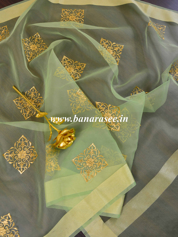 Banarasee Embroidered Gold Buta Design Organza Dupatta-Green