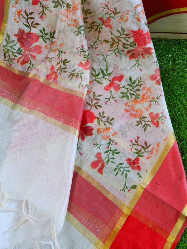 Banarasee Chanderi Cotton Dupatta With Hand-Block Printed Floral Design-White