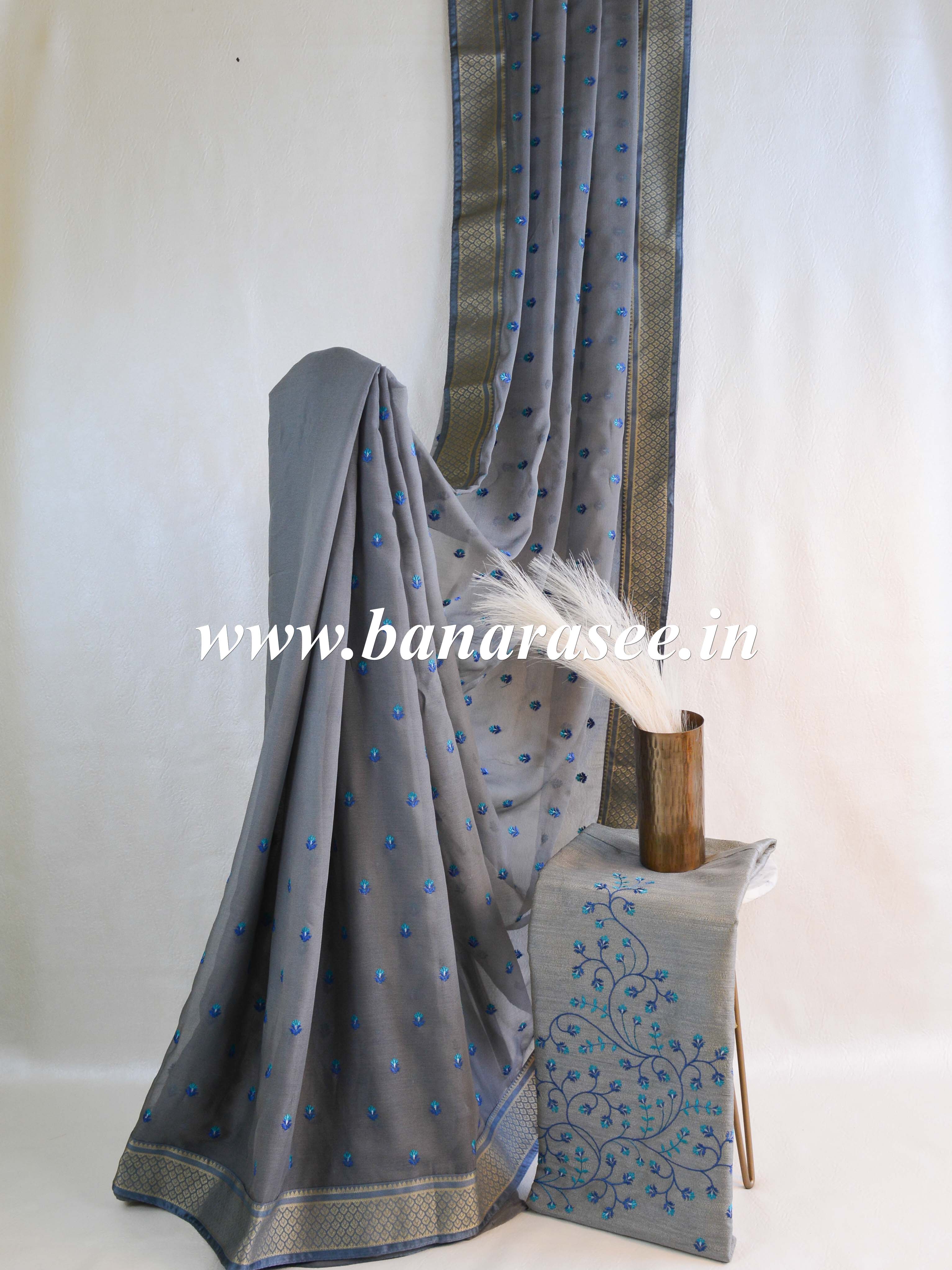 Banarasee Chiffon Blend Saree With Buti Work Zari Border & Brocade Blouse-Grey