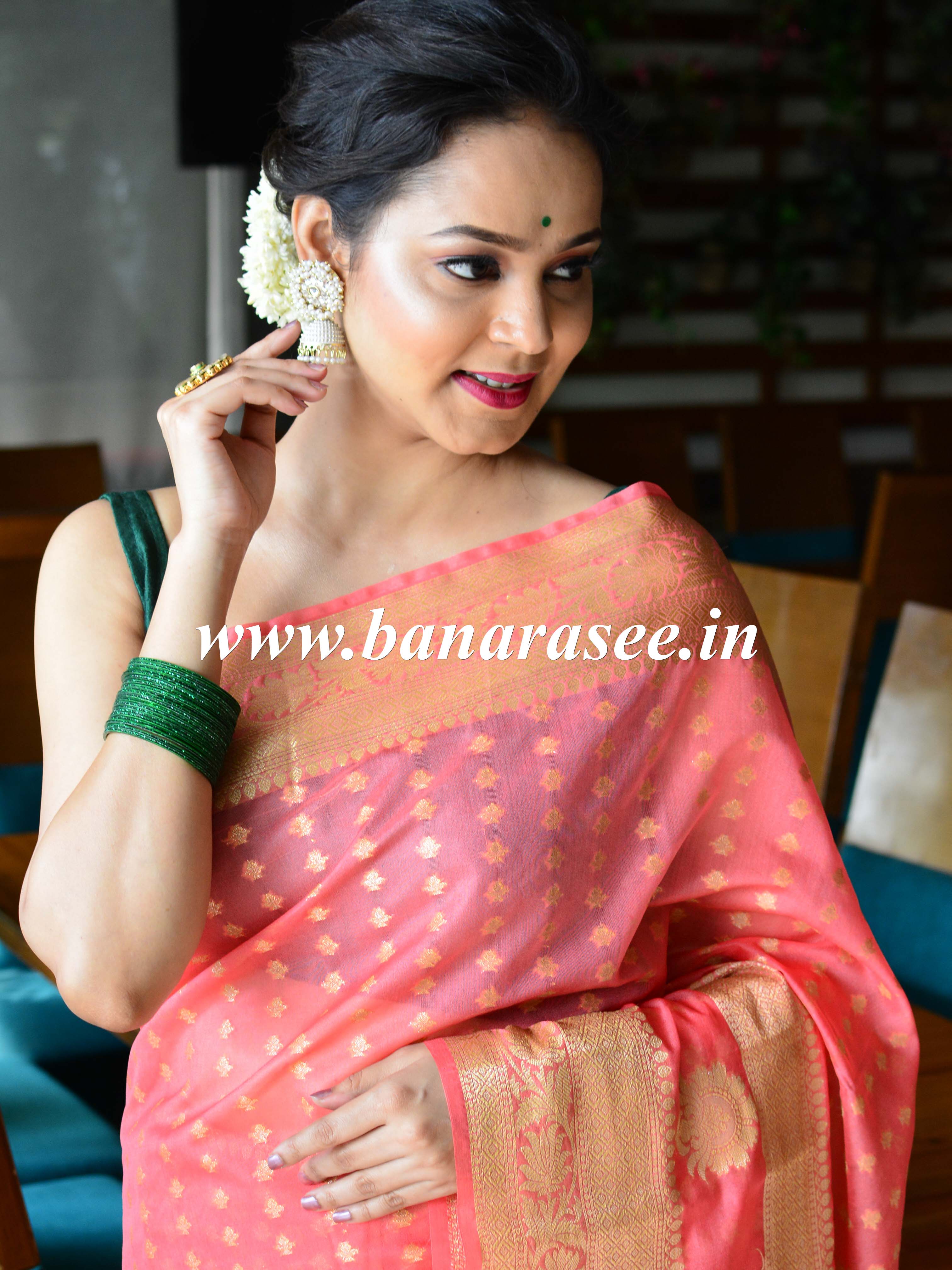 Banarasee Handwoven Semi-Chiffon Saree With Floral Border & Buti-Peach