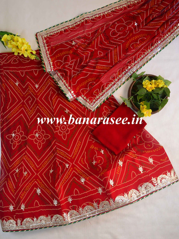 Banarasee Semi-Stitched Chunri Print Georgette Hand-Work Lehenga Blouse & Dupatta-Red