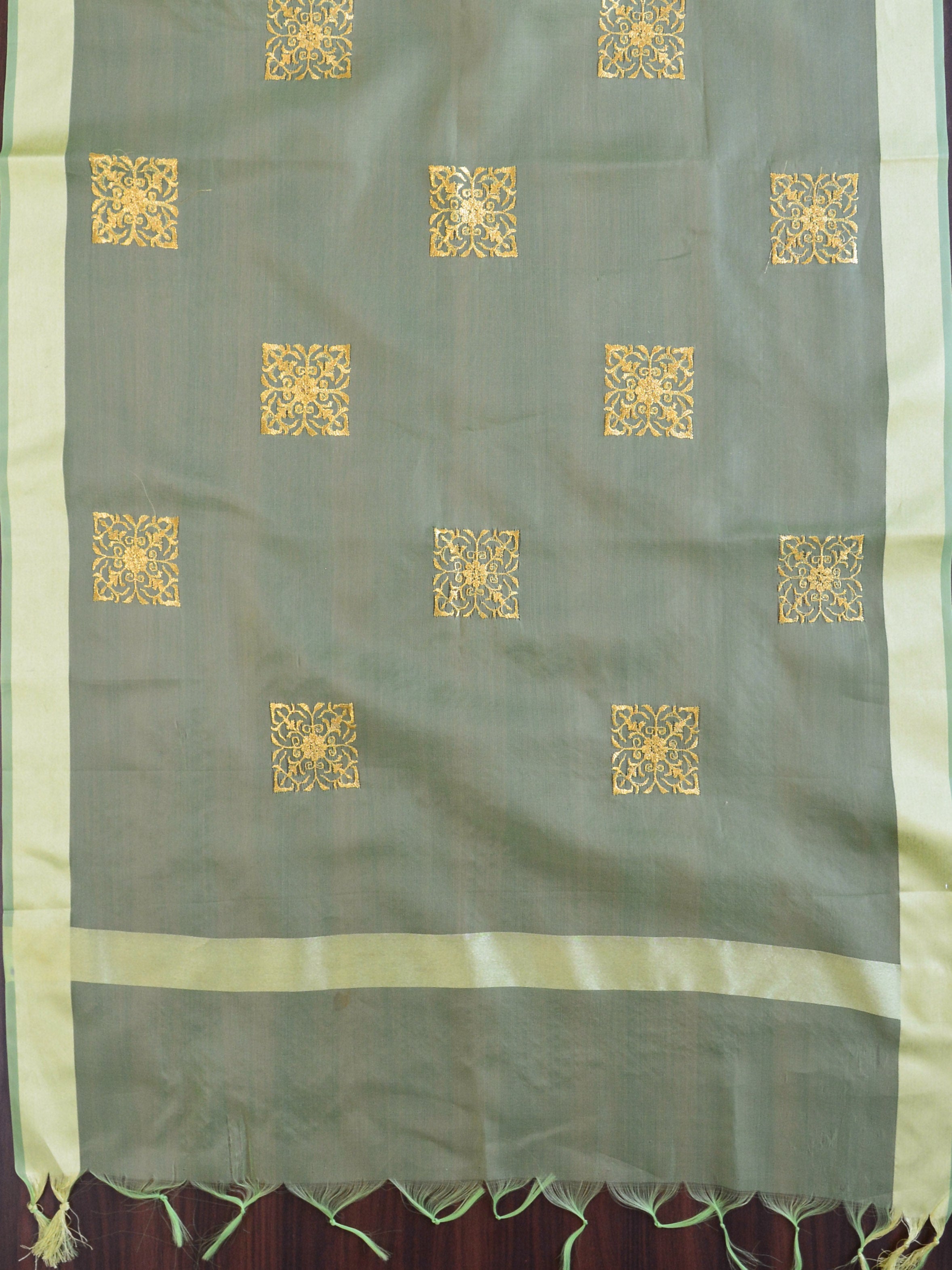 Banarasee Embroidered Gold Buta Design Organza Dupatta-Green