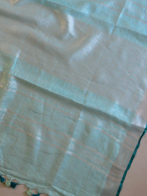 Banarasee Handloom Pure Linen Saree With Embroidery Work-Sea Green