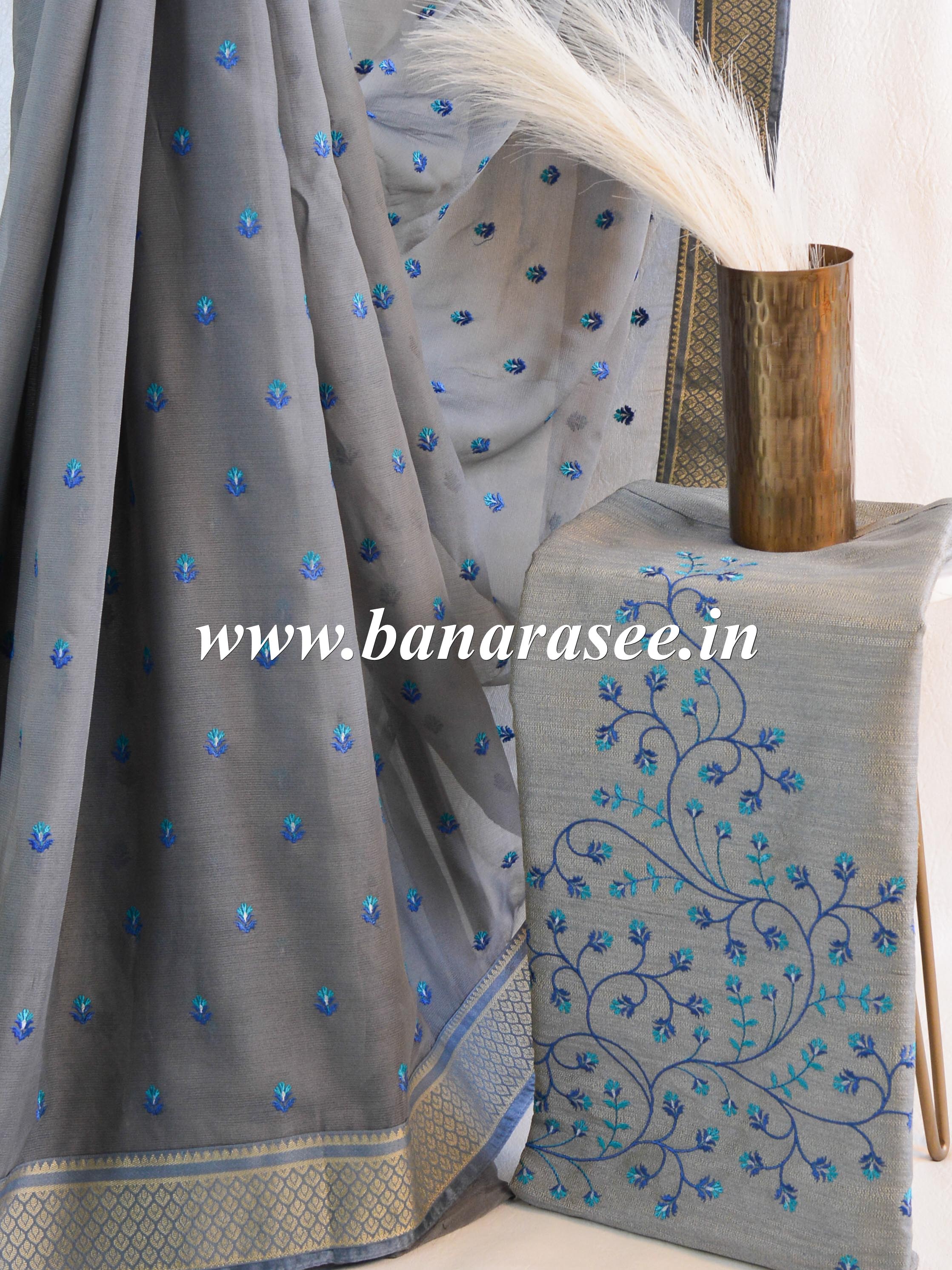 Banarasee Chiffon Blend Saree With Buti Work Zari Border & Brocade Blouse-Grey