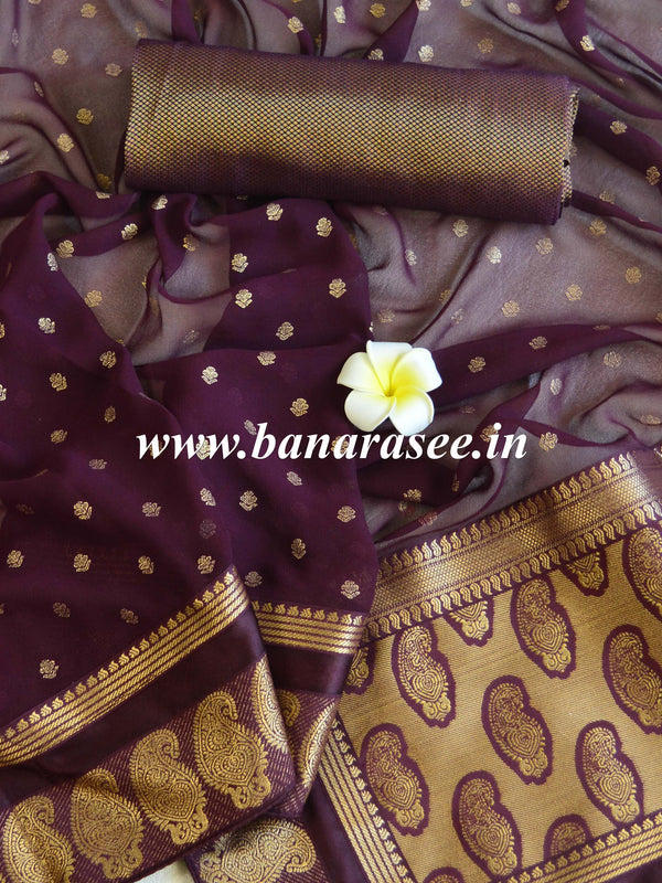 Banarasee Pure Chiffon Saree With Embroidery Work & Paisley Border-Wine