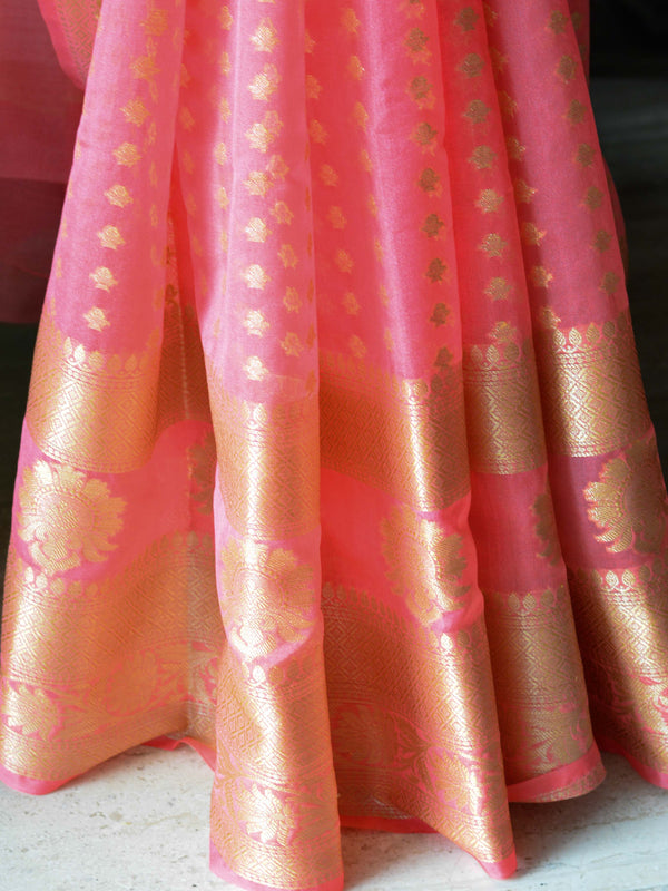 Banarasee Handwoven Semi-Chiffon Saree With Floral Border & Buti-Peach