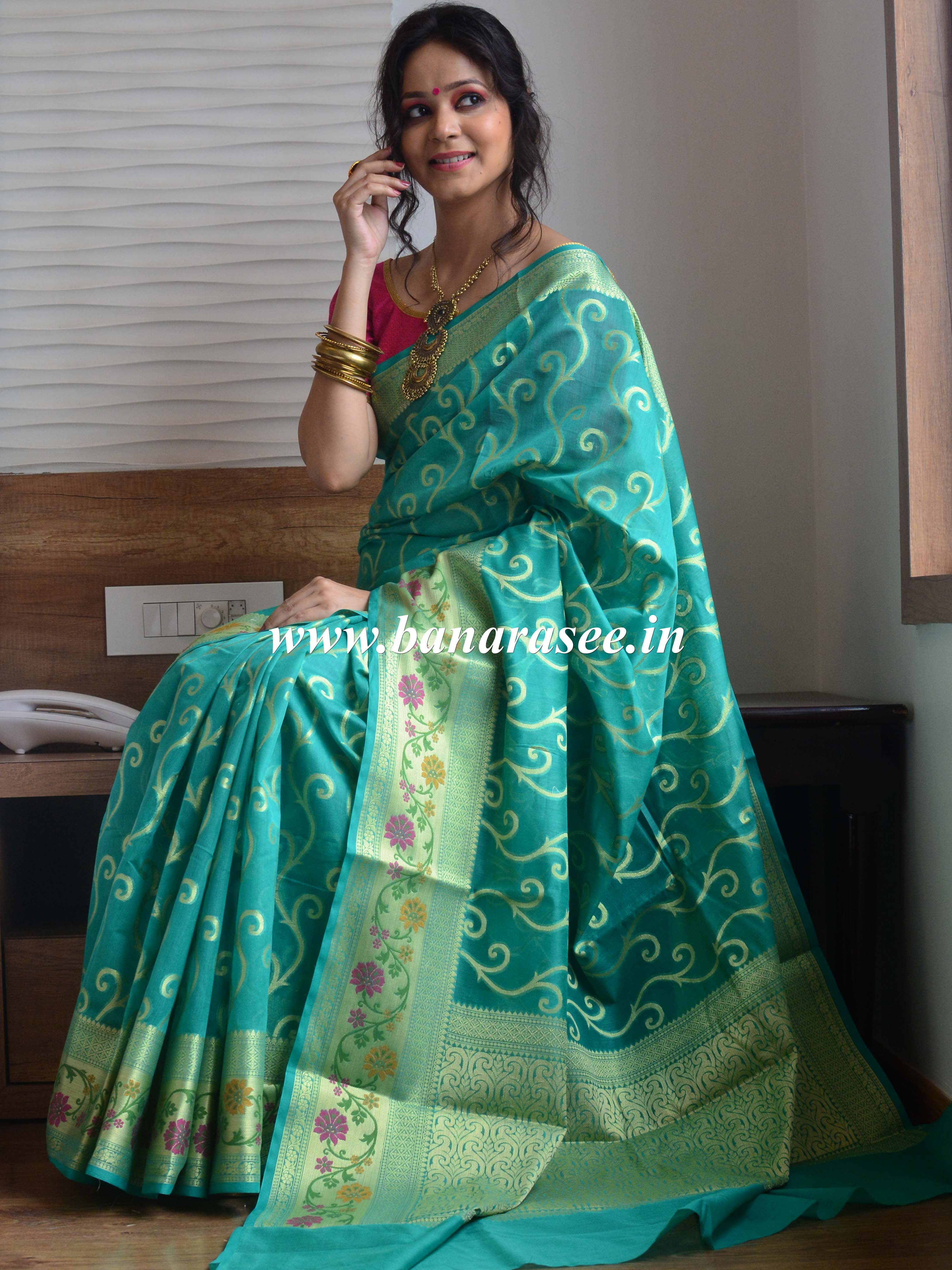 Banarasee Handloom Cotton Silk Mix Paithani Border Sari-Green