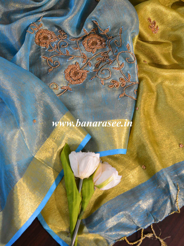 Banarasee Handloom Pure Linen By Tissue Embroidered Saree-Blue(Gold Tone)