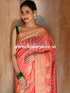 Banarasee Handwoven Semi-Chiffon Saree With Floral Border & Buti-Peach