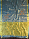 Banarasee Handloom Pure Linen By Tissue Embroidered Saree-Blue(Gold Tone)