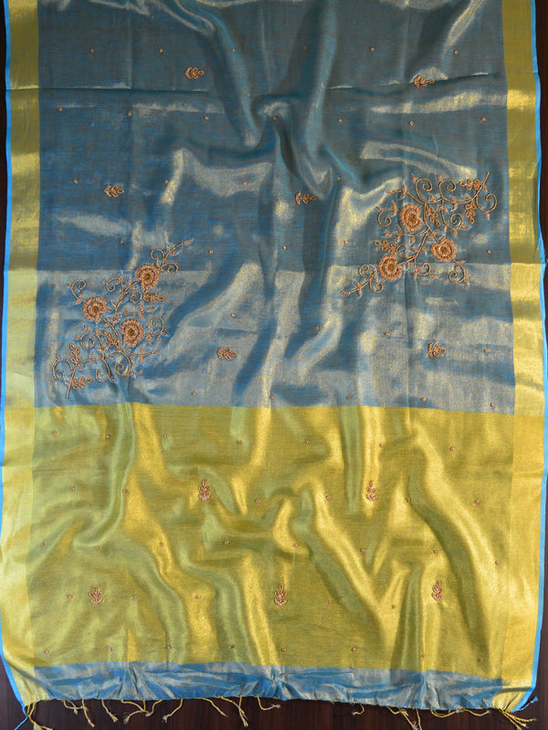 Banarasee Handloom Pure Linen By Tissue Embroidered Saree-Blue(Gold Tone)