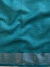 Banarasee Handloom Pure Linen Saree With Embroidery Work-Sea Green
