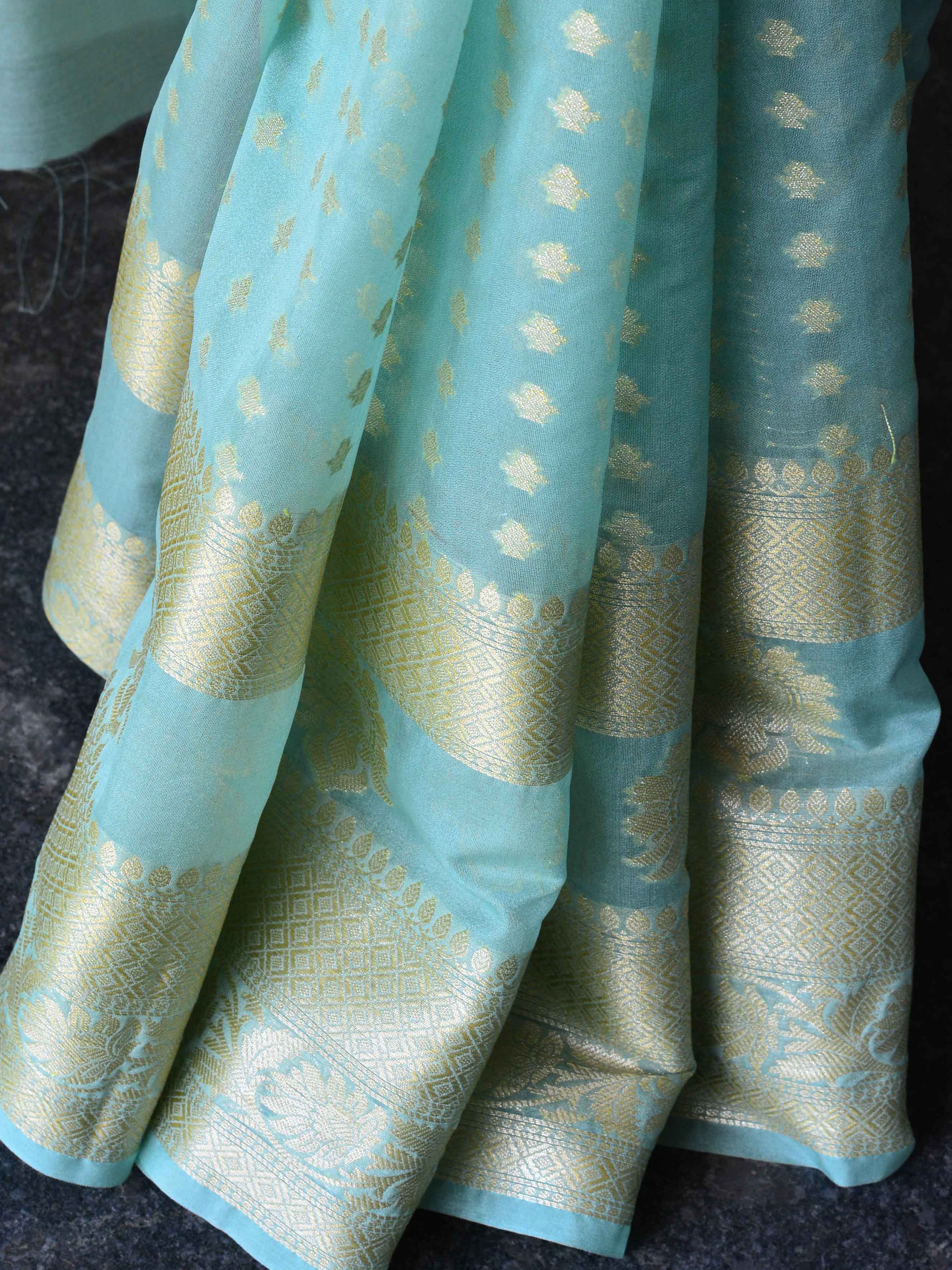 Banarasee Handwoven Semi-Chiffon Saree With Floral Border & Buti-Pastel Green