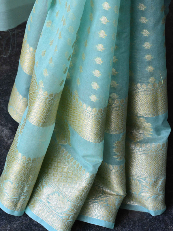 Banarasee Handwoven Semi-Chiffon Saree With Floral Border & Buti-Pastel Green