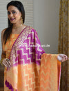 Banarasee Salwar Kameez Glossy Semi Silk Fabric With Zari Jaal Design-Yellow & Purple