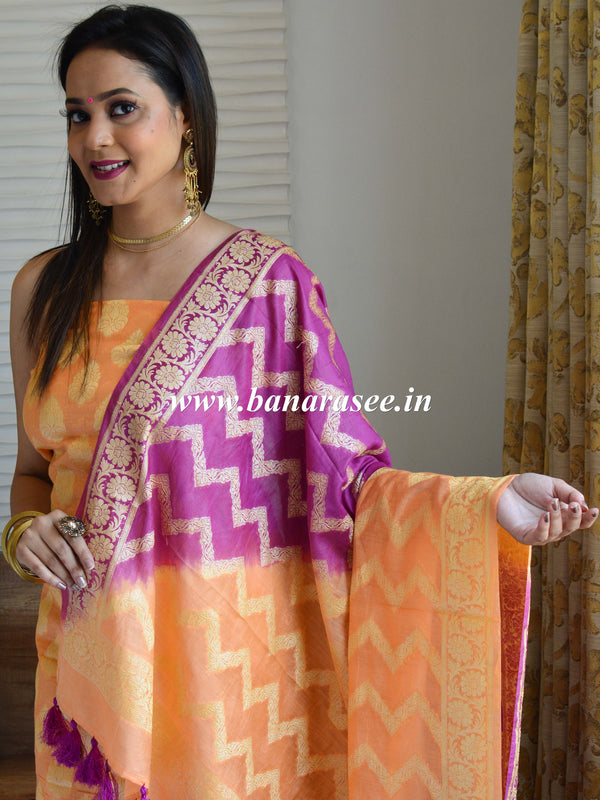 Banarasee Salwar Kameez Glossy Semi Silk Fabric With Zari Jaal Design-Yellow & Purple