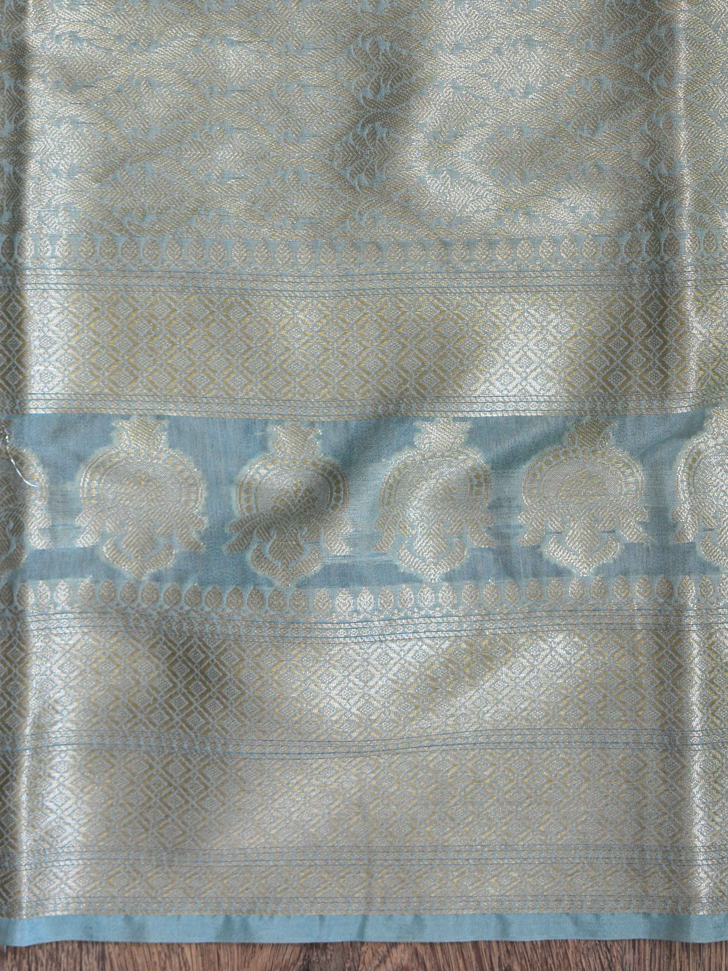 Banarasee Handwoven Semi-Chiffon Saree With Floral Border & Buti-Pastel Green