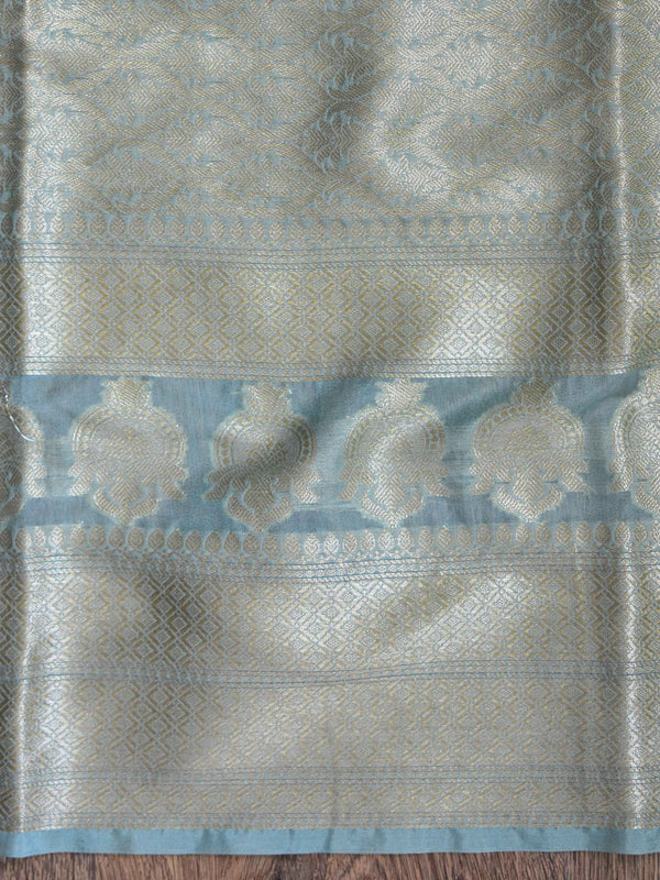 Banarasee Handwoven Semi-Chiffon Saree With Floral Border & Buti-Pastel Green