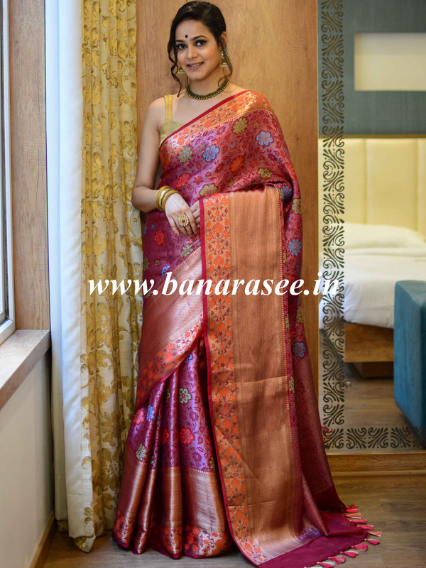 Banarasee Art Silk Saree With Meena Floral Border & Self Weaving Work-Maroon