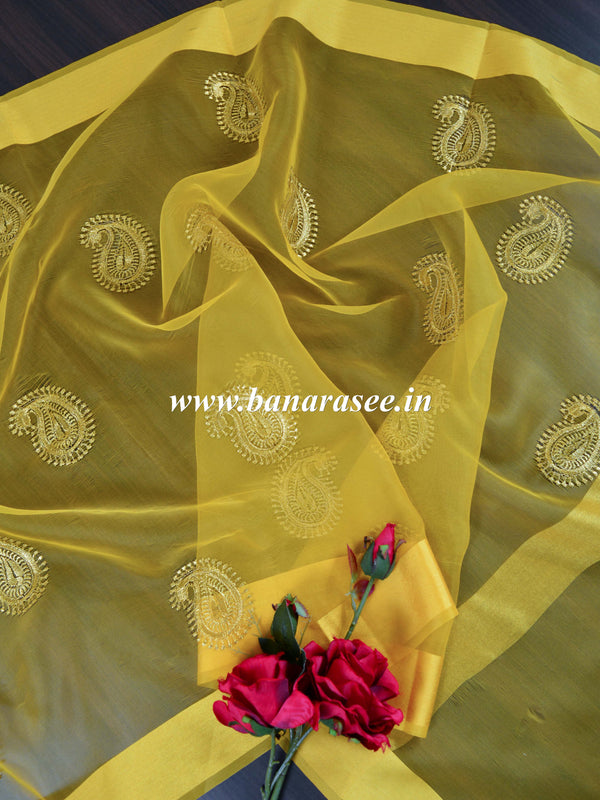 Banarasee Embroidered Gold Buta Design Organza Dupatta-Yellow