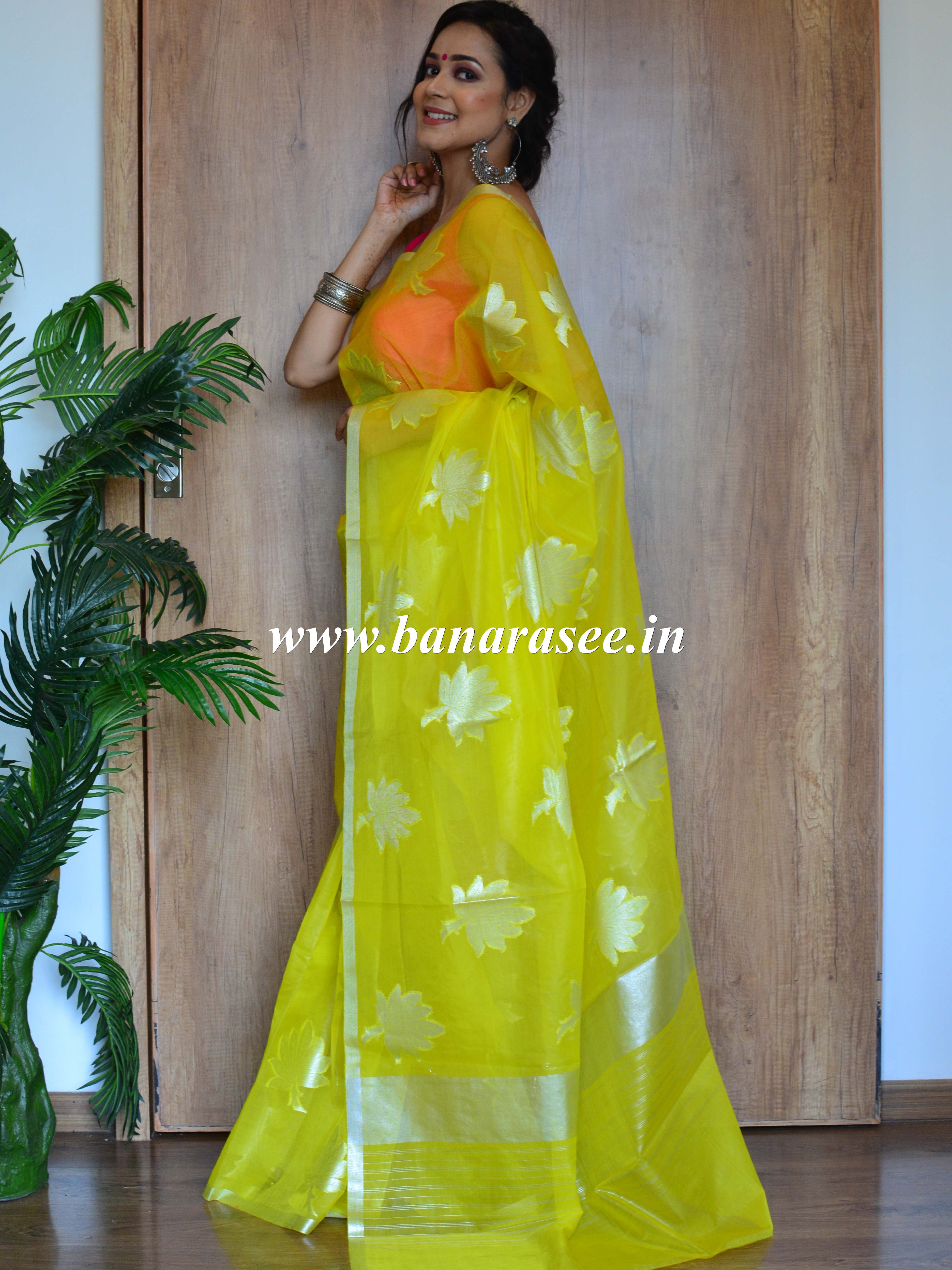 Banarasee Organza Mix Saree With Silver Leaf Buta & Border-Yellow