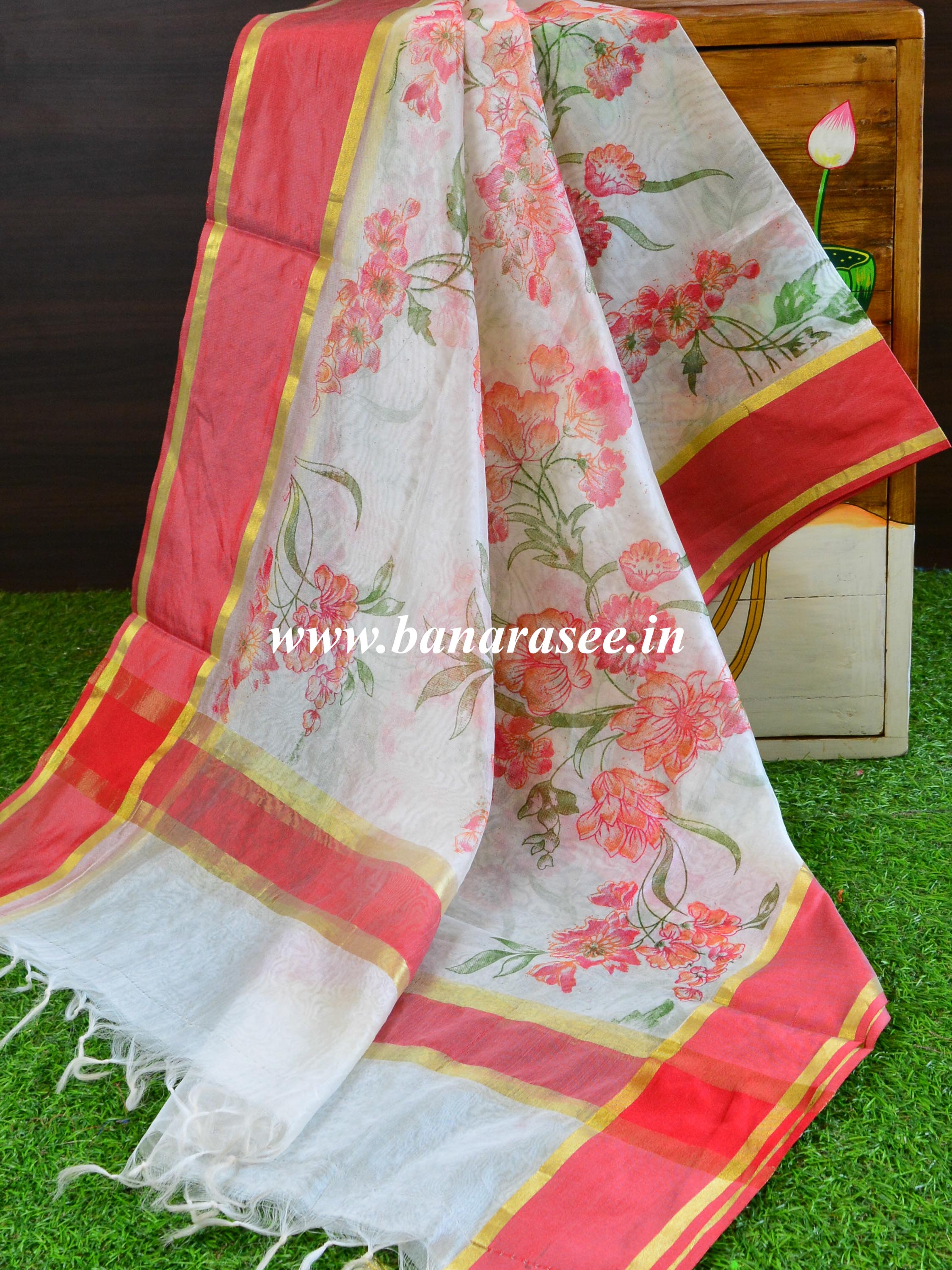 Banarasee Chanderi Cotton Dupatta With Hand-Block Printed Floral Design-White
