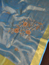 Banarasee Handloom Pure Linen By Tissue Embroidered Saree-Blue(Gold Tone)