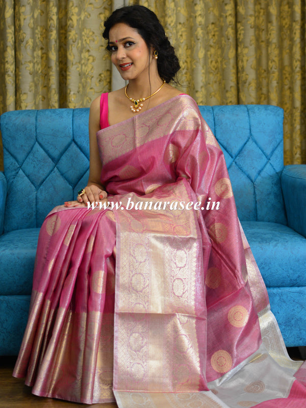 Banarasee Handwoven Broad Border Silver Zari Buta Design Tissue Saree-Pink