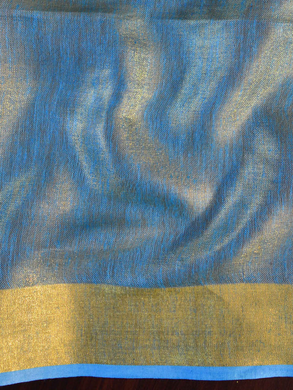 Banarasee Handloom Pure Linen By Tissue Embroidered Saree-Blue(Gold Tone)