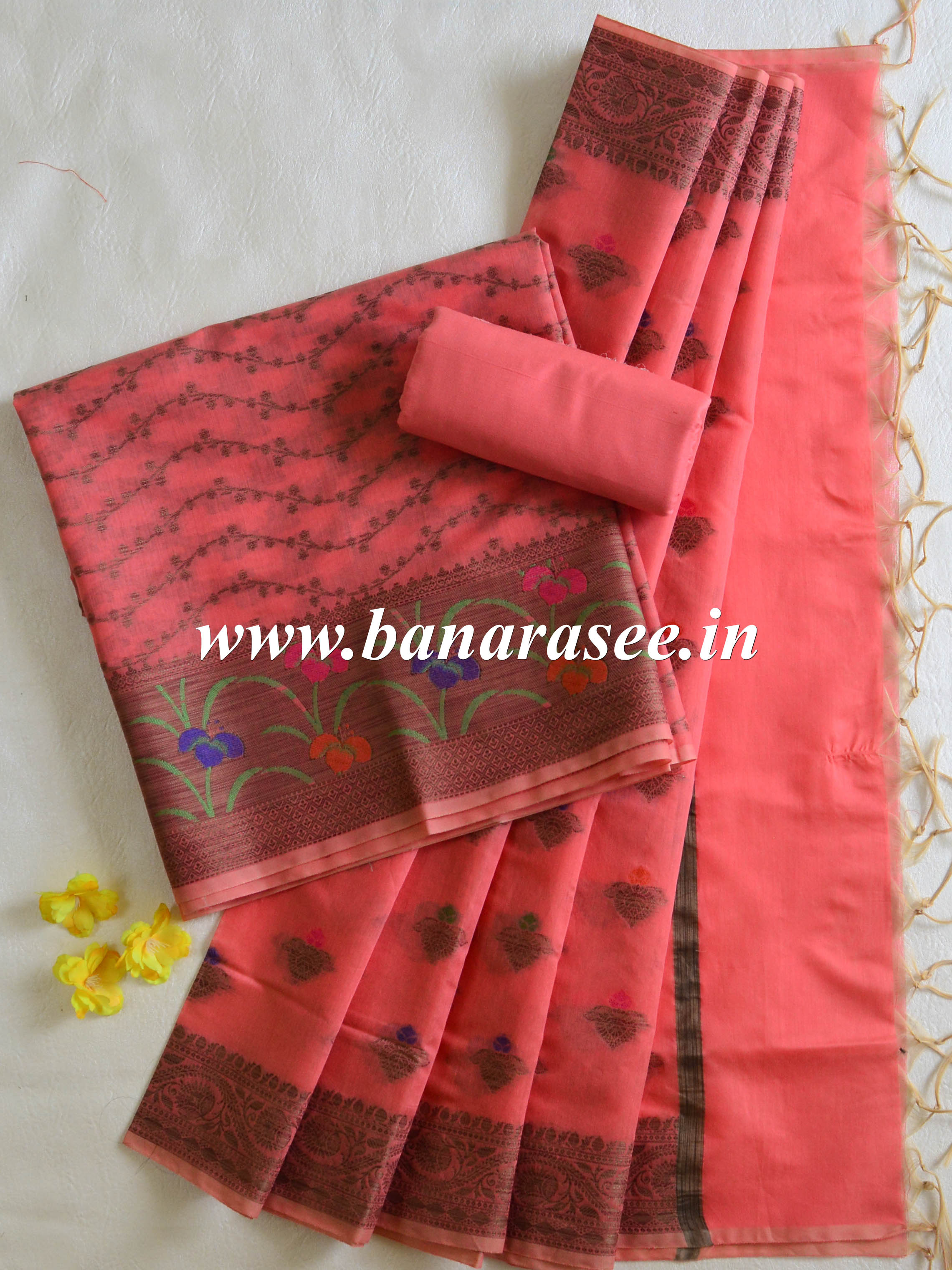 Banarasee Chanderi Cotton Salwar Kameez Fabric With Ghiccha Work-Peach